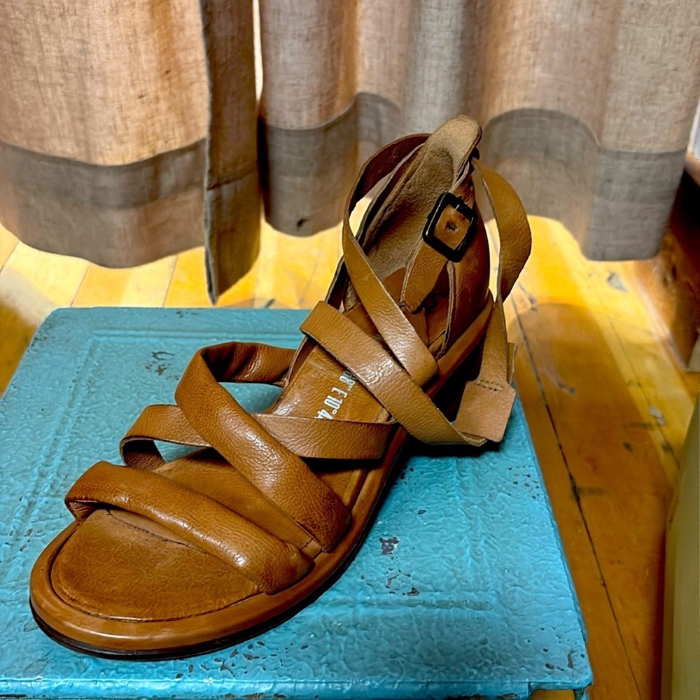 A.S.98 Tan Strappy Sandals with Adjustable Ankle Straps. Handmade in Italy.